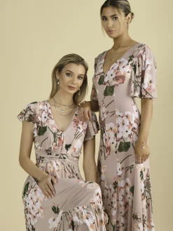 Mabilla Floral Print Mesh Maxi Dress, Dusty Pink