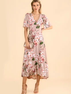 Mabilla Floral Print Mesh Maxi Dress, Dusty Pink