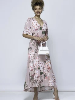 Mabilla Floral Print Mesh Maxi Dress, Dusty Pink