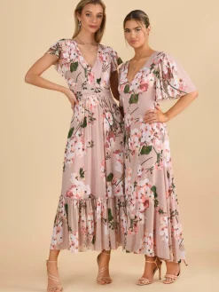 Mabilla Floral Print Mesh Maxi Dress, Dusty Pink