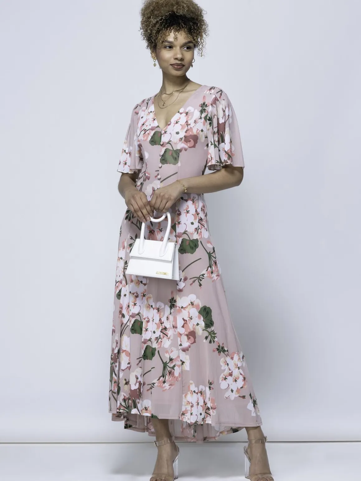 Mabilla Floral Print Mesh Maxi Dress, Dusty Pink