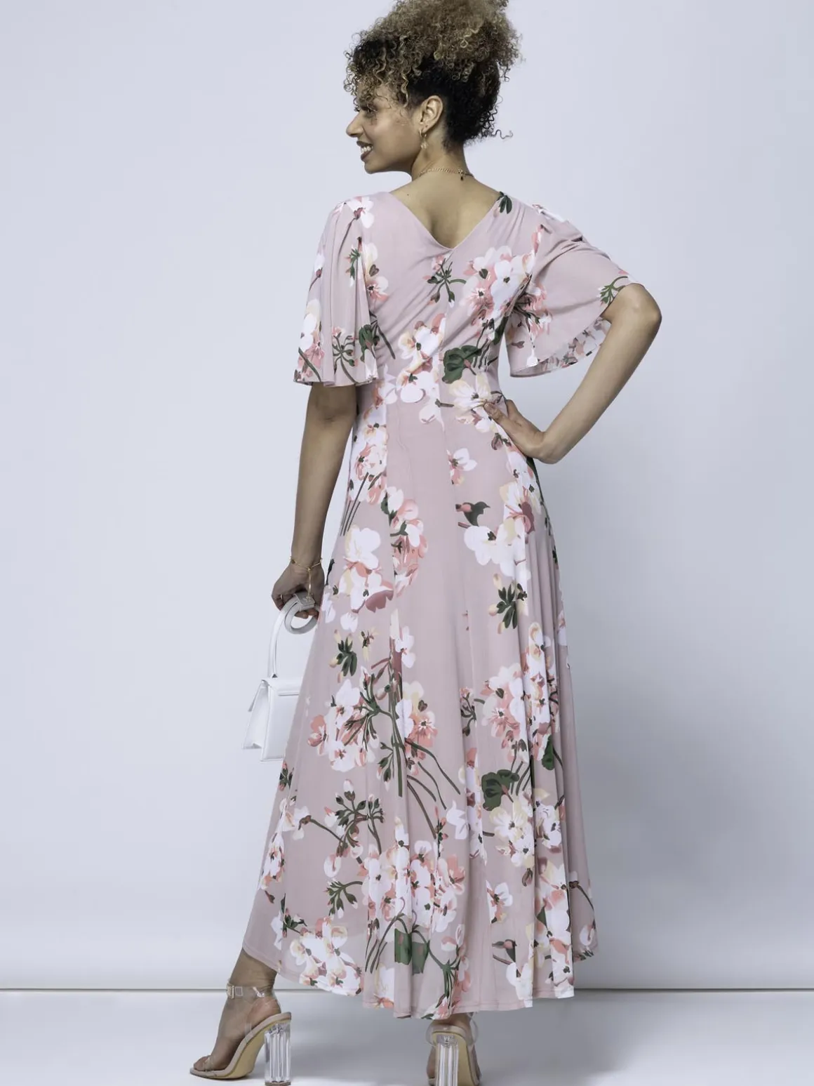 Mabilla Floral Print Mesh Maxi Dress, Dusty Pink