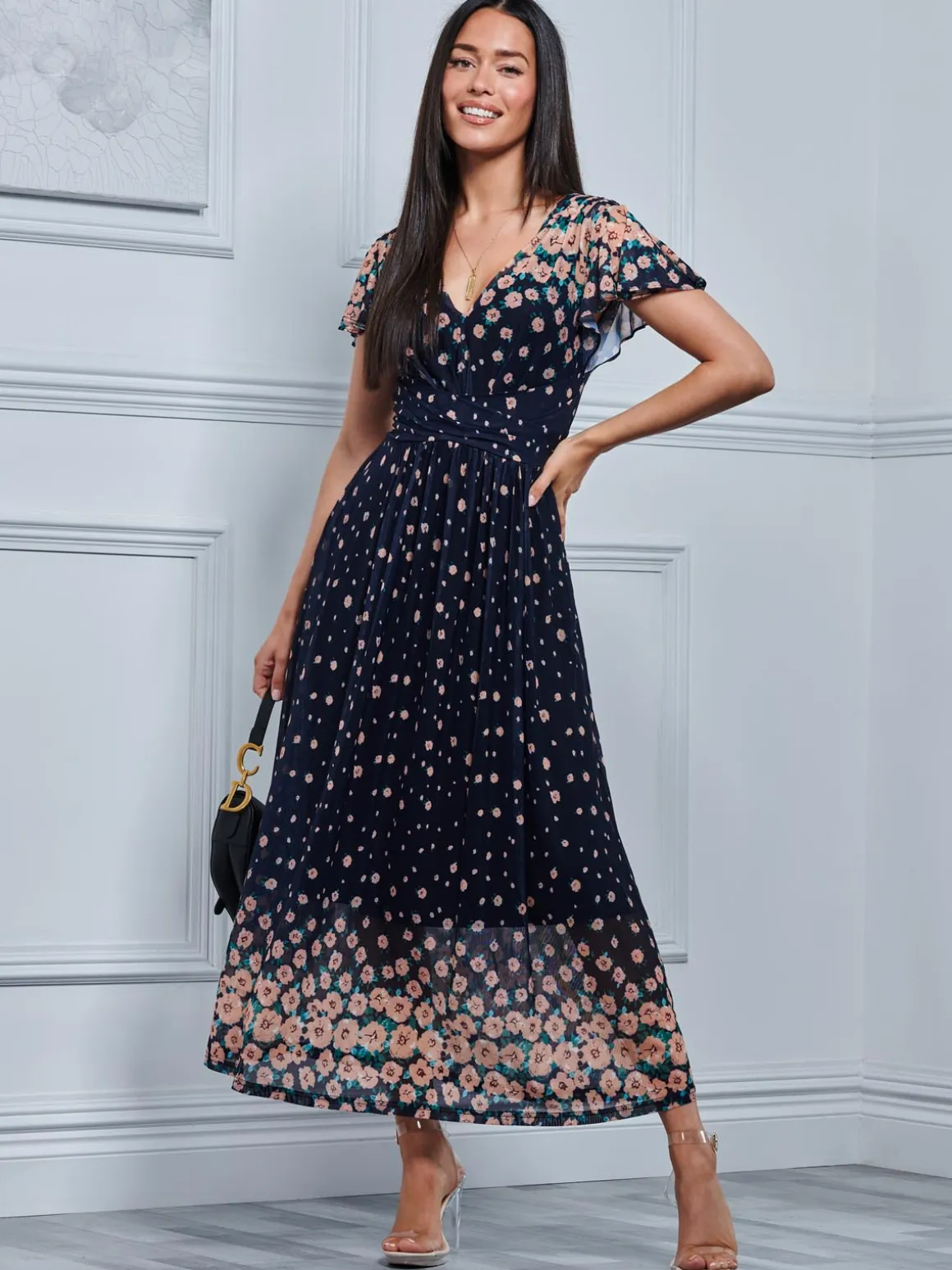 Mably Mirror Print Maxi Mesh Dress, Navy Floral