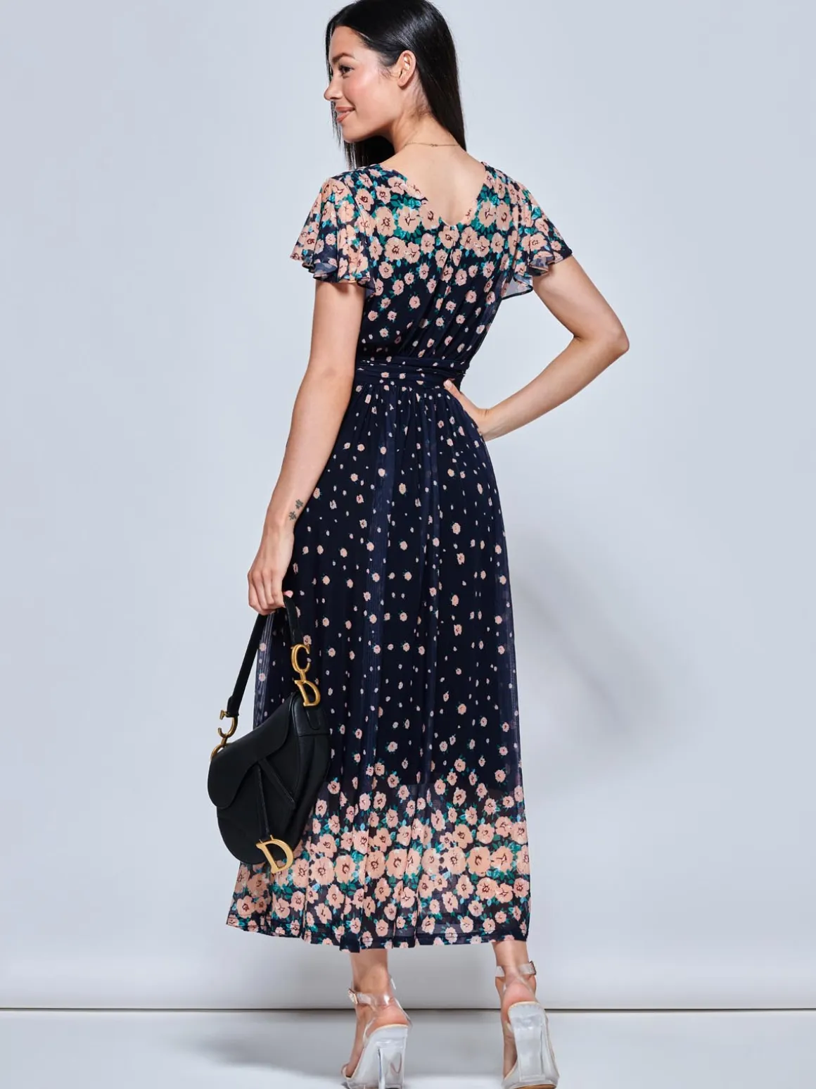 Mably Mirror Print Maxi Mesh Dress, Navy Floral