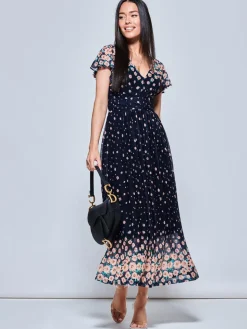 Mably Mirror Print Maxi Mesh Dress, Navy Floral