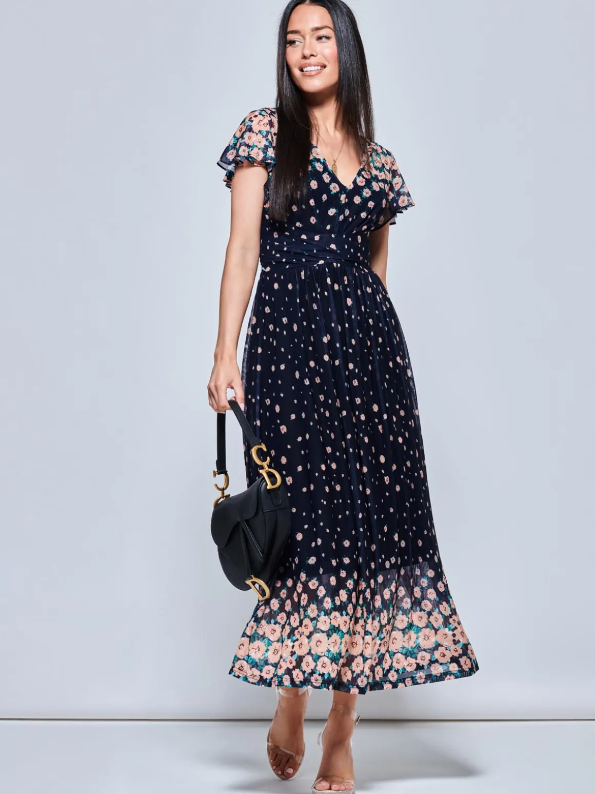 Mably Mirror Print Maxi Mesh Dress, Navy Floral