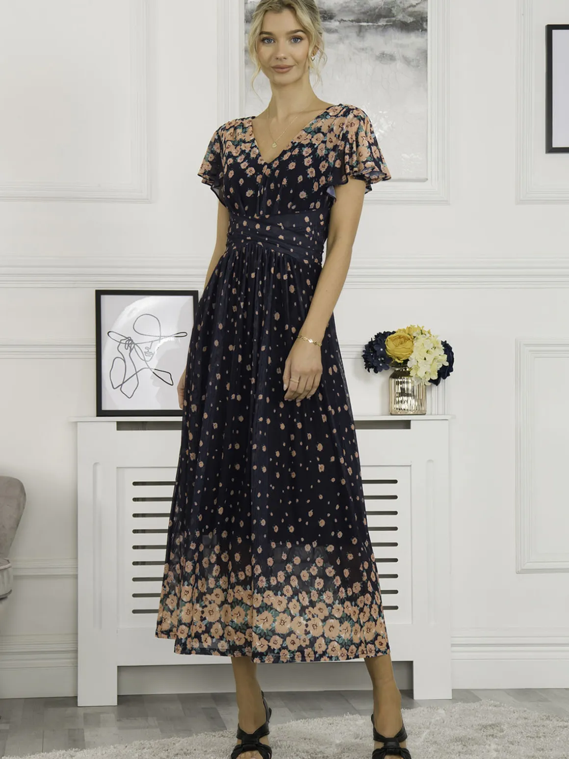Mably Mirror Print Maxi Mesh Dress, Navy Floral