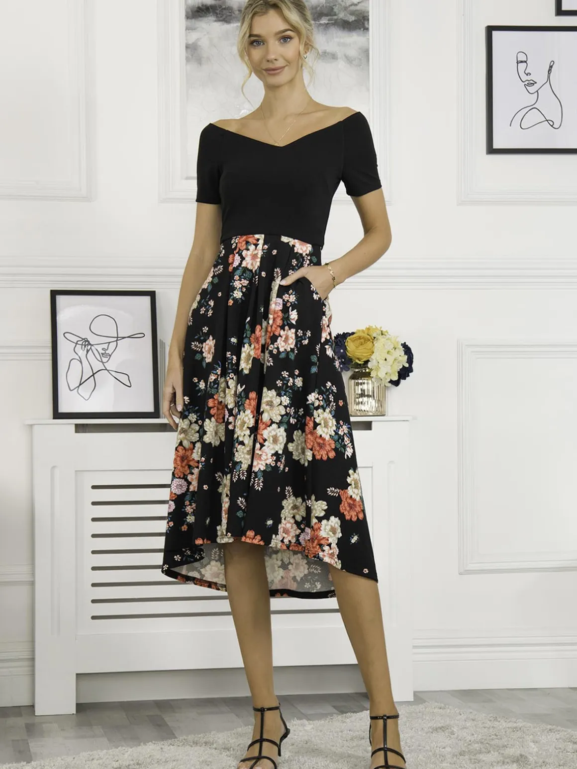 Mabry Contrast 2in1 Dress, Black Multi