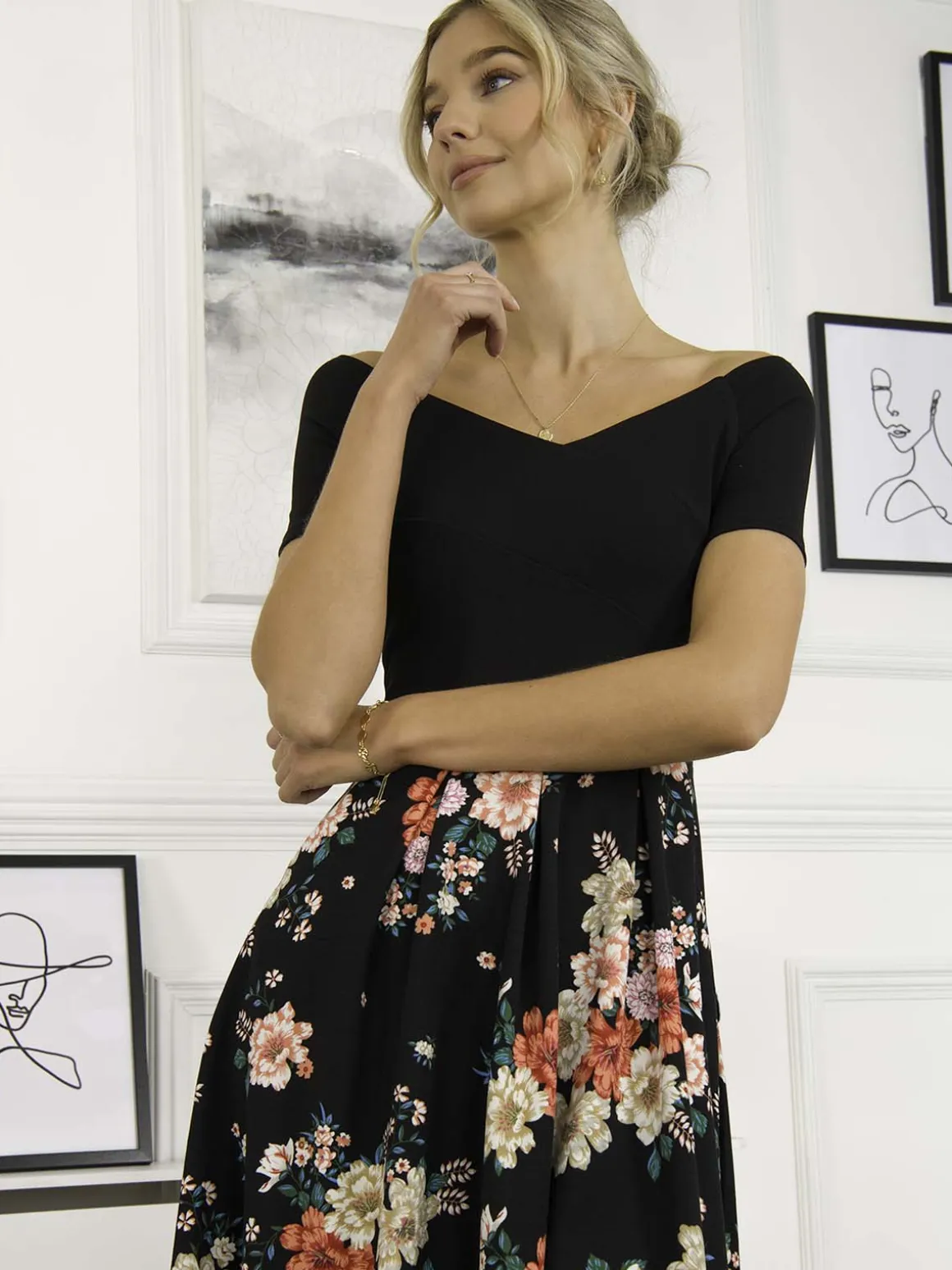 Mabry Contrast 2in1 Dress, Black Multi