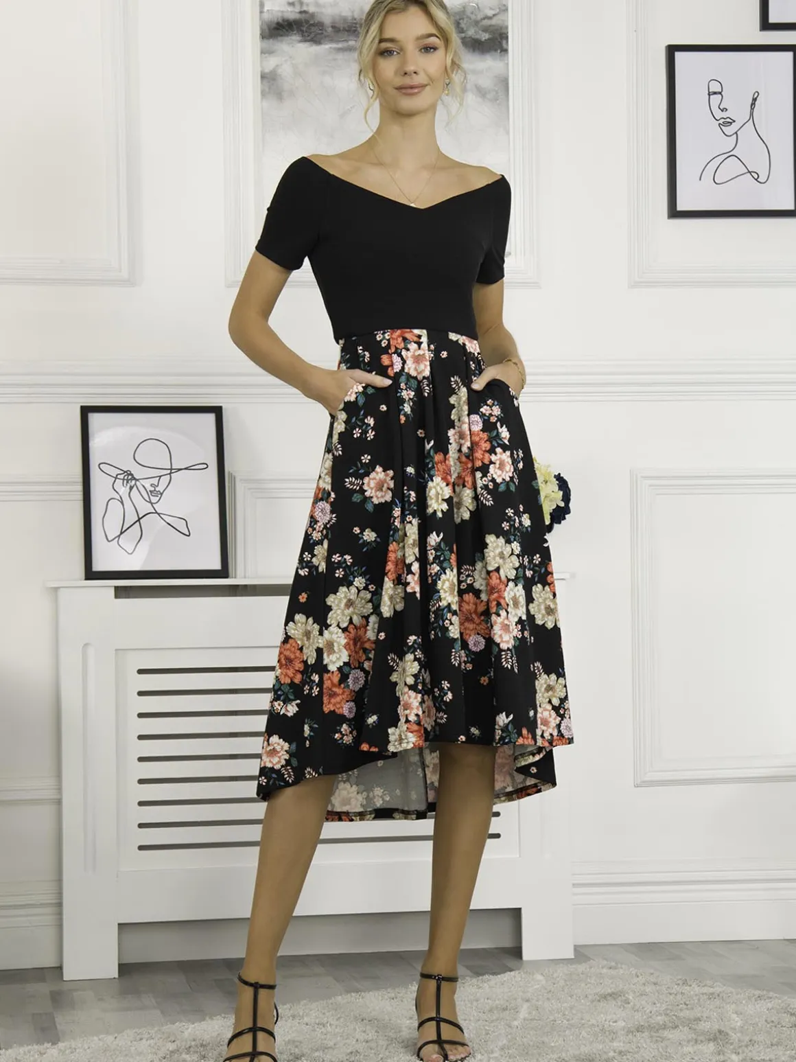 Mabry Contrast 2in1 Dress, Black Multi