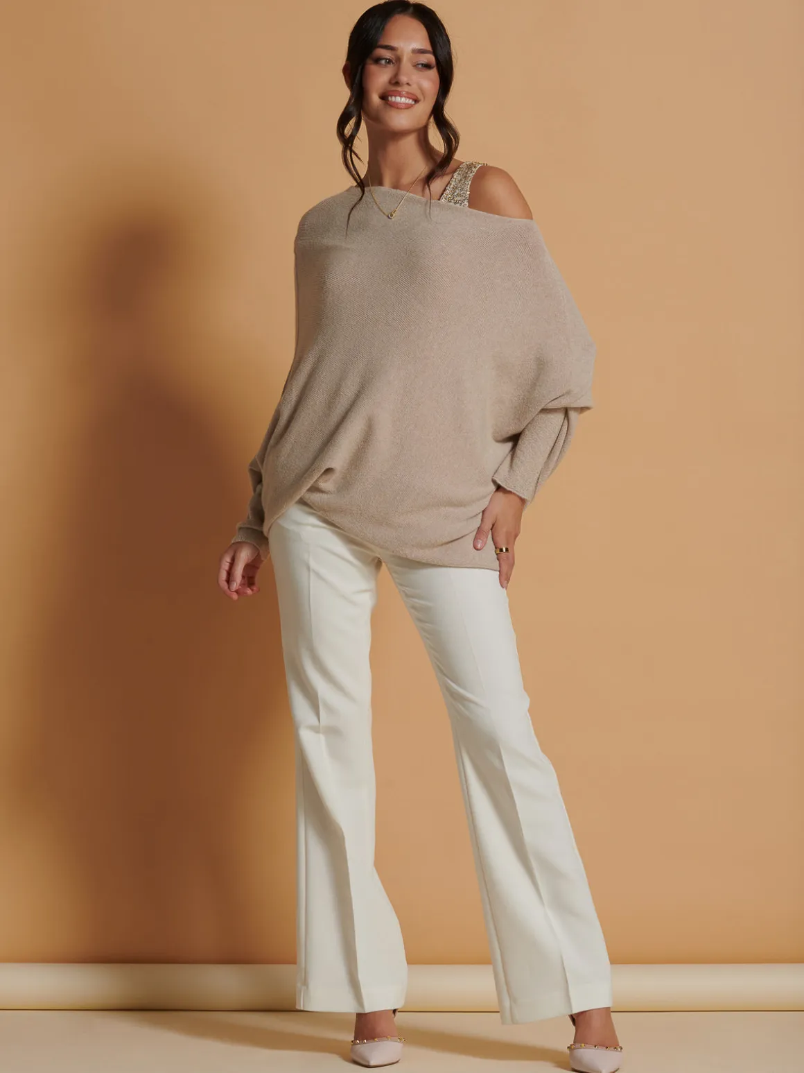 Made in Italy Asymmetric Draped Knit Jumper, Beige