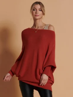 Made in Italy Asymmetric Draped Knit Jumper, Brick Red