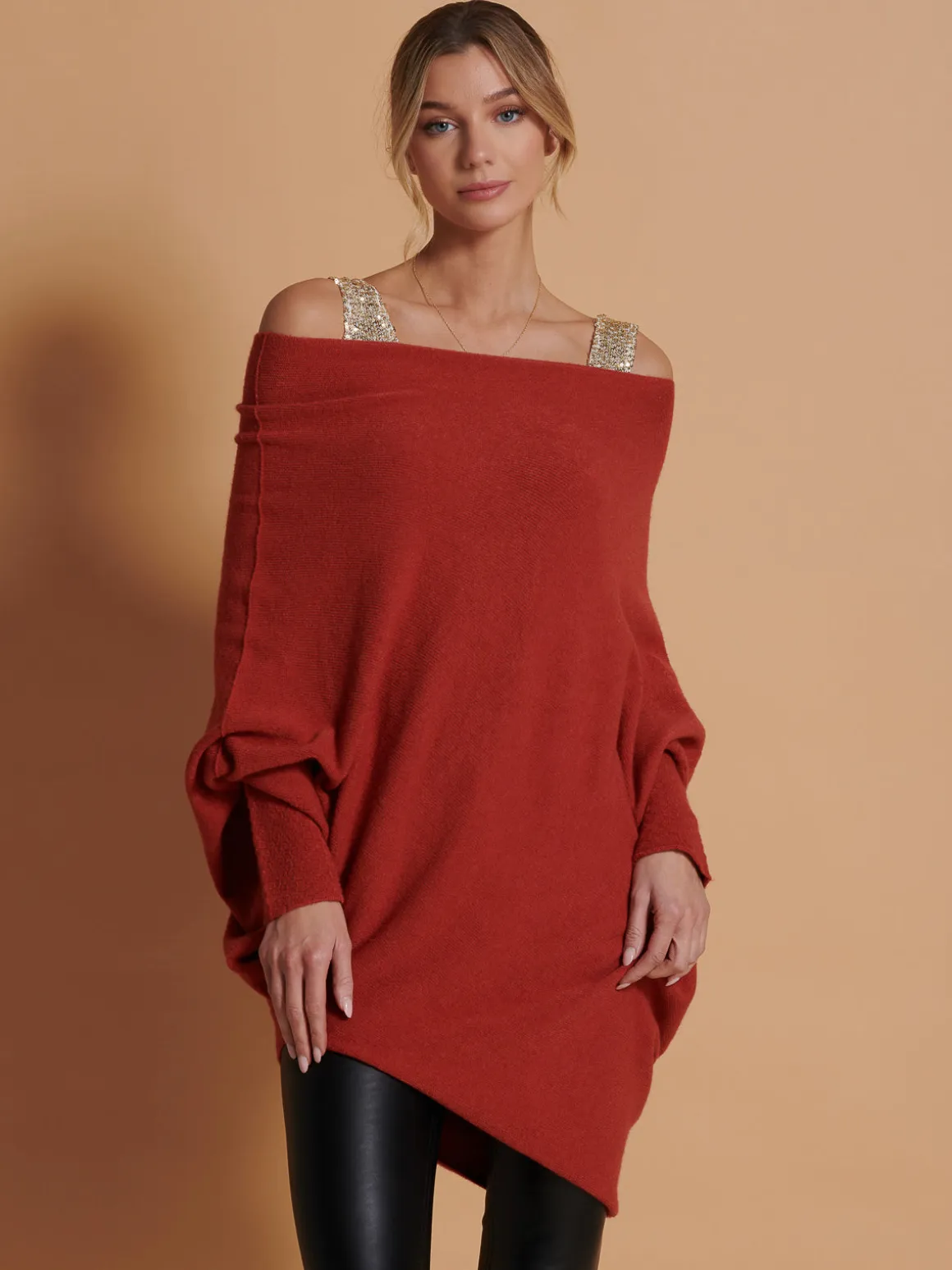 Made in Italy Asymmetric Draped Knit Jumper, Brick Red