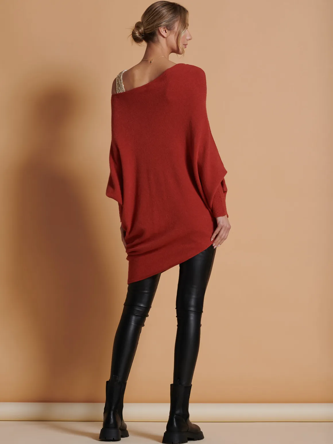 Made in Italy Asymmetric Draped Knit Jumper, Brick Red