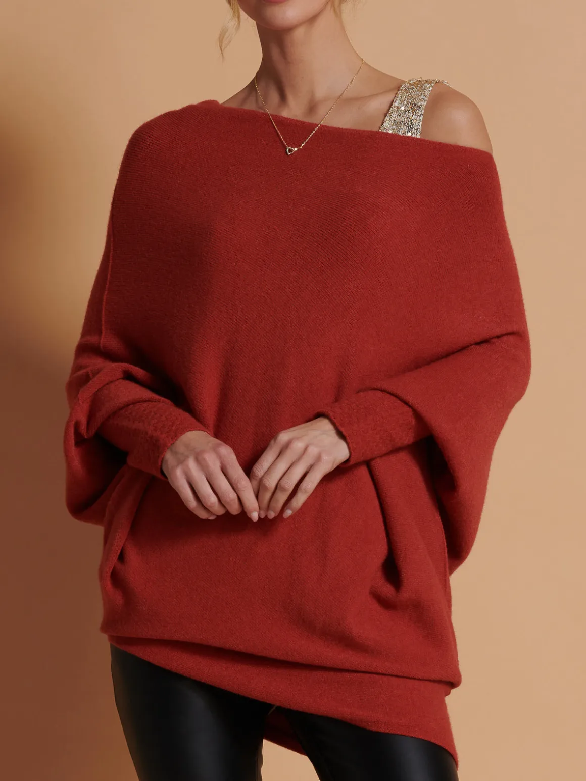 Made in Italy Asymmetric Draped Knit Jumper, Brick Red