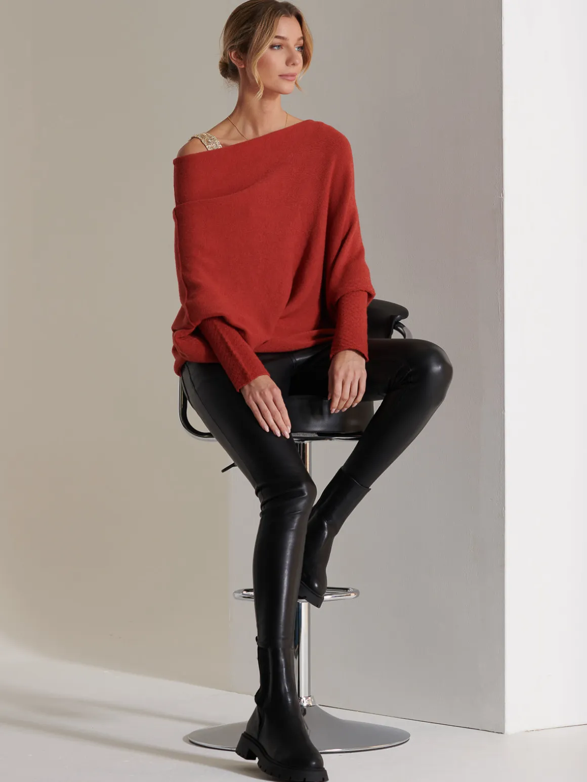 Made in Italy Asymmetric Draped Knit Jumper, Brick Red
