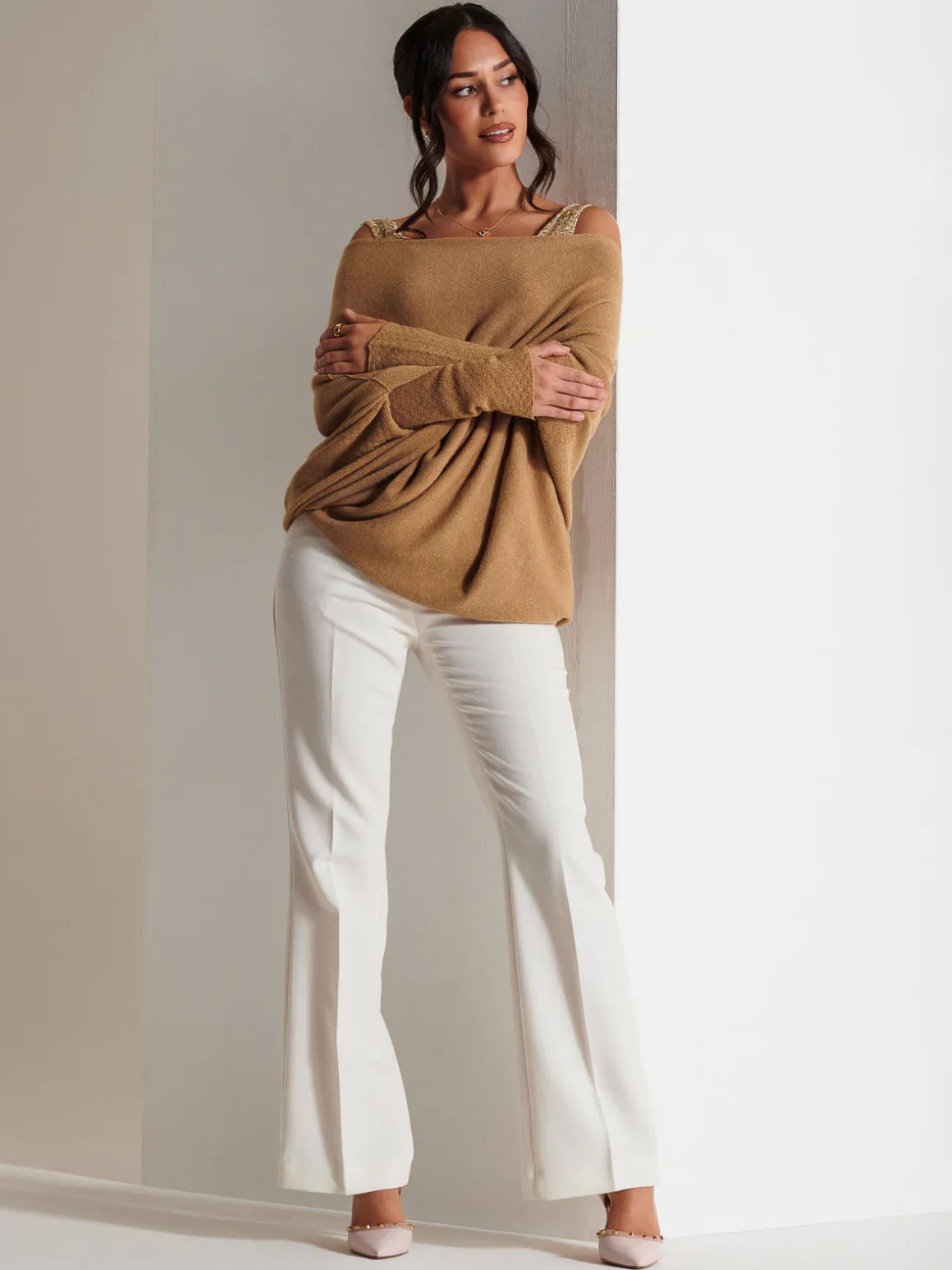 Made in Italy Asymmetric Draped Knit Jumper, Camel