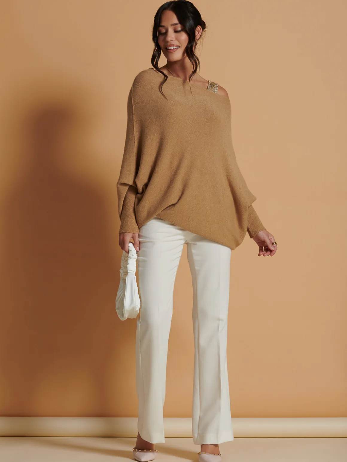 Made in Italy Asymmetric Draped Knit Jumper, Camel