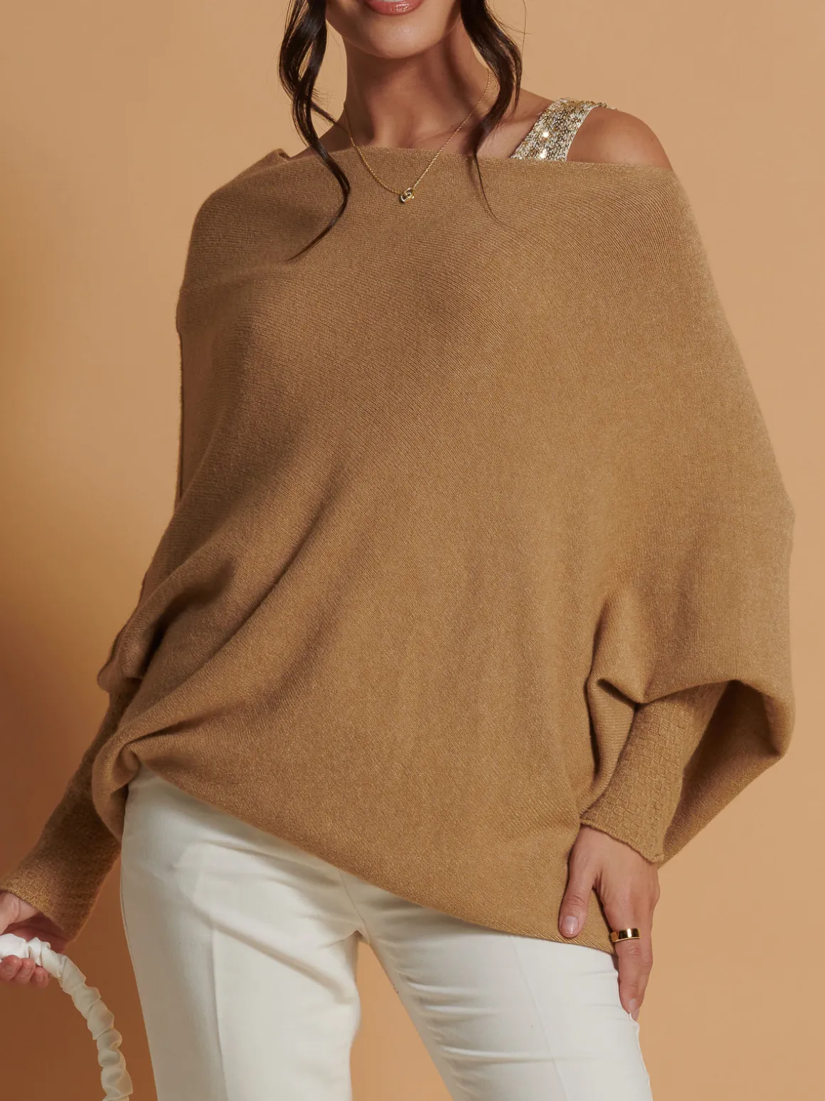 Made in Italy Asymmetric Draped Knit Jumper, Camel