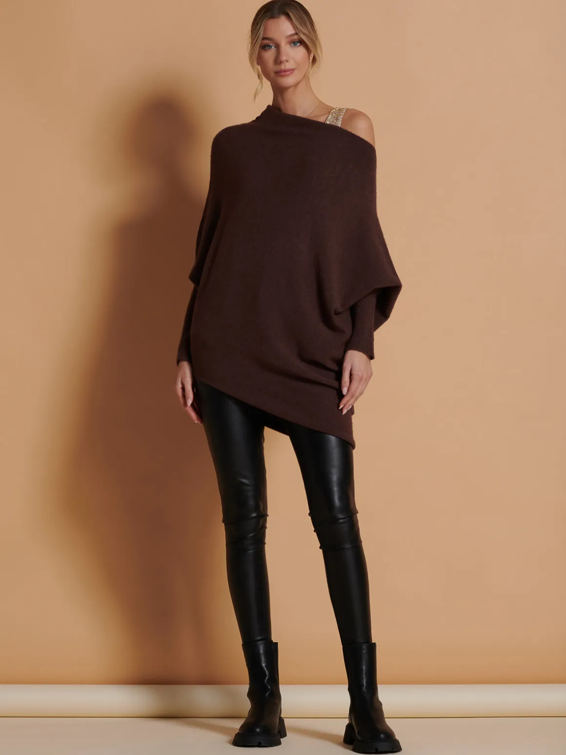 Made in Italy Asymmetric Draped Knit Jumper, Chocolate