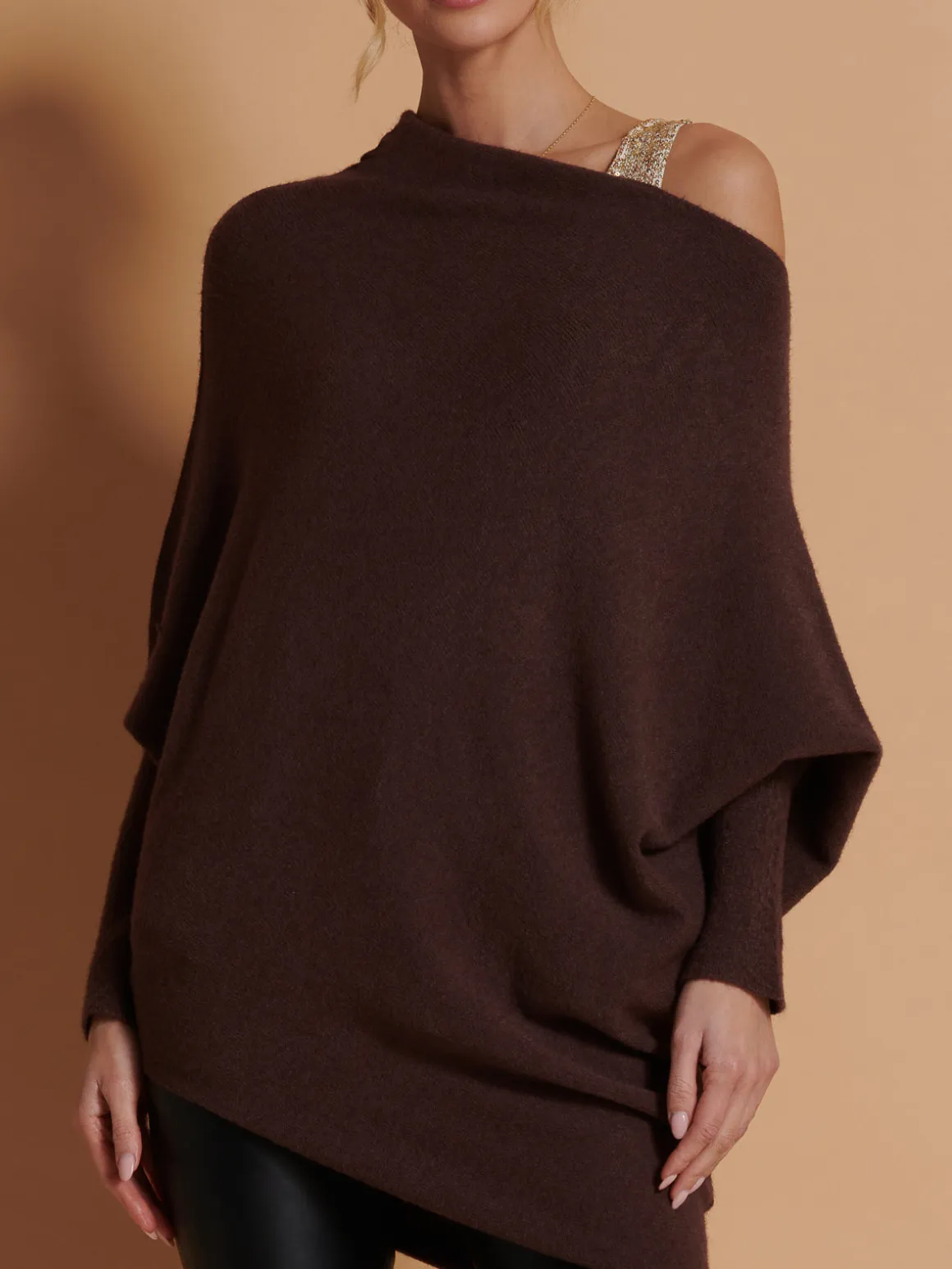 Made in Italy Asymmetric Draped Knit Jumper, Chocolate