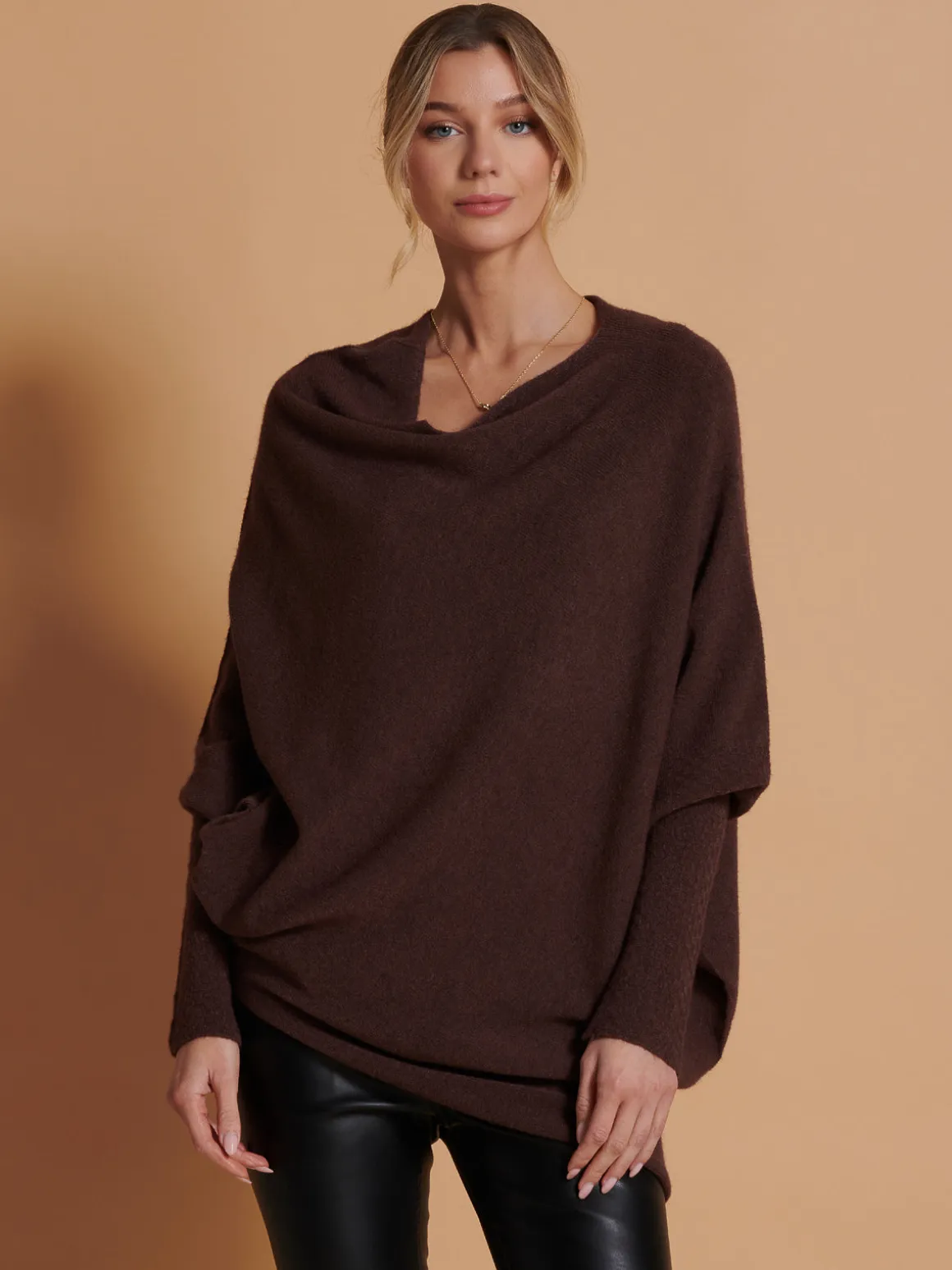 Made in Italy Asymmetric Draped Knit Jumper, Chocolate