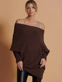Made in Italy Asymmetric Draped Knit Jumper, Chocolate