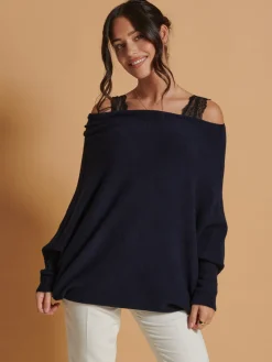 Made in Italy Asymmetric Draped Knit Jumper, Navy