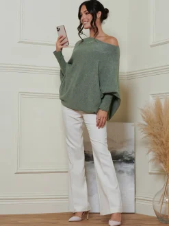 Made In Italy Asymmetric Draped Soft Knit Jumper, Khaki Green