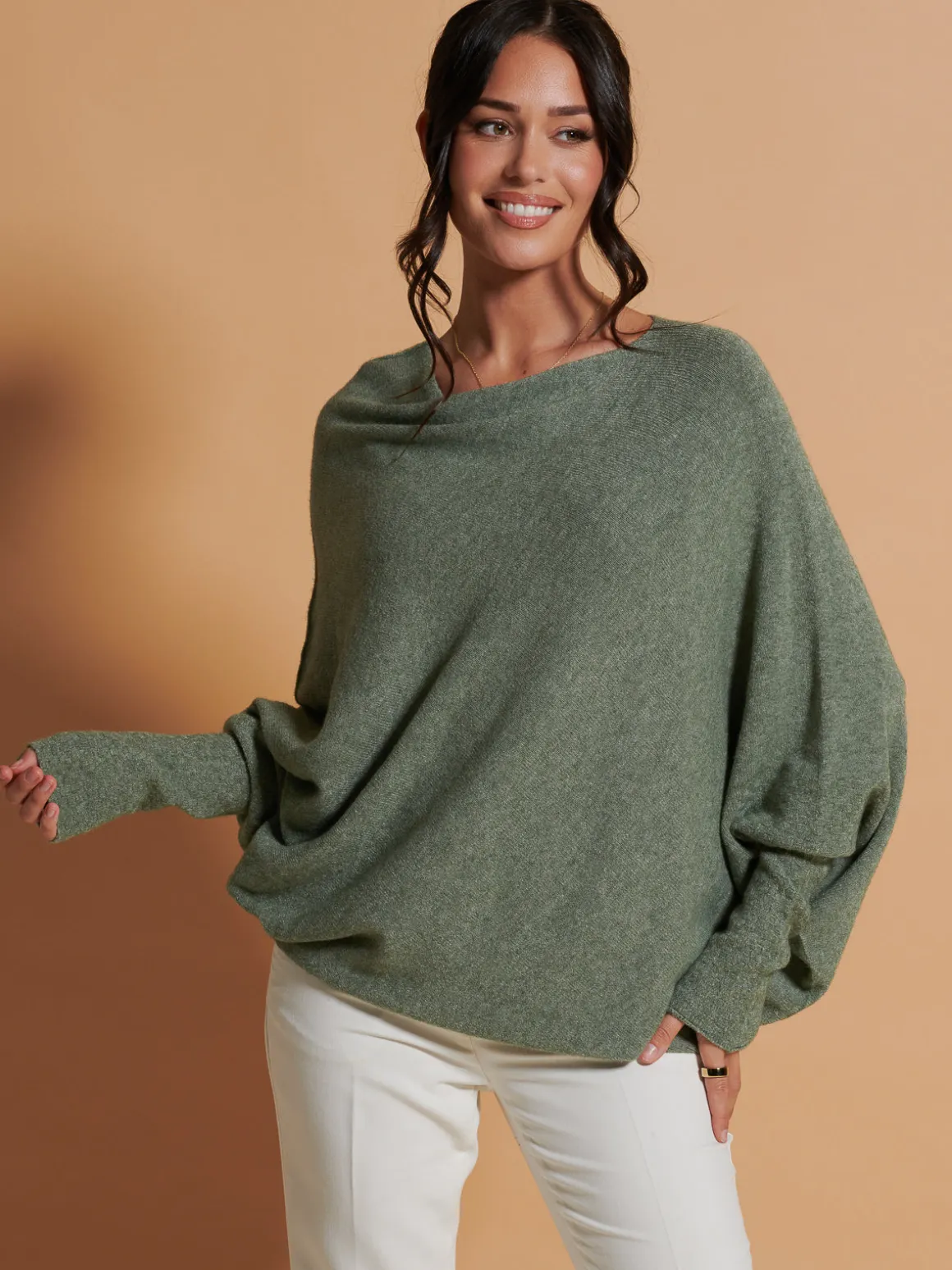 Made In Italy Asymmetric Draped Soft Knit Jumper, Khaki Green