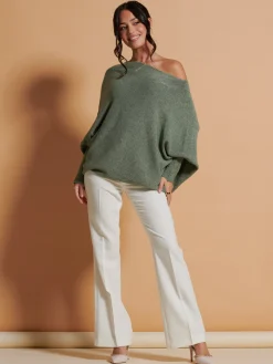 Made In Italy Asymmetric Draped Soft Knit Jumper, Khaki Green