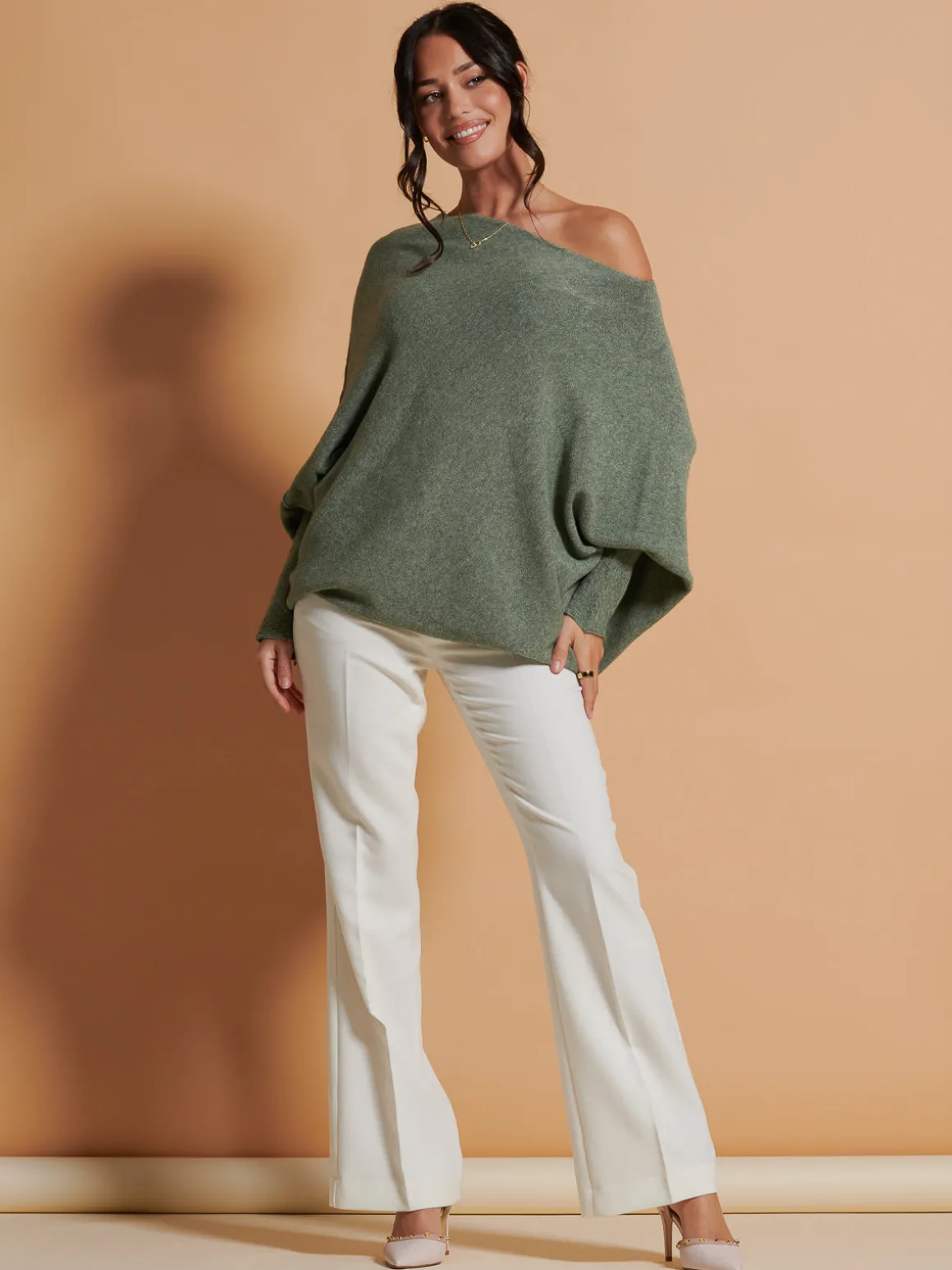 Made In Italy Asymmetric Draped Soft Knit Jumper, Khaki Green