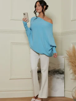 Made In Italy Asymmetric Draped Soft Knit Jumper, Light Blue