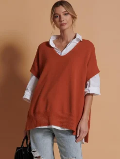 Made in Italy Button Side Knitted Tabard, Burnt Orange
