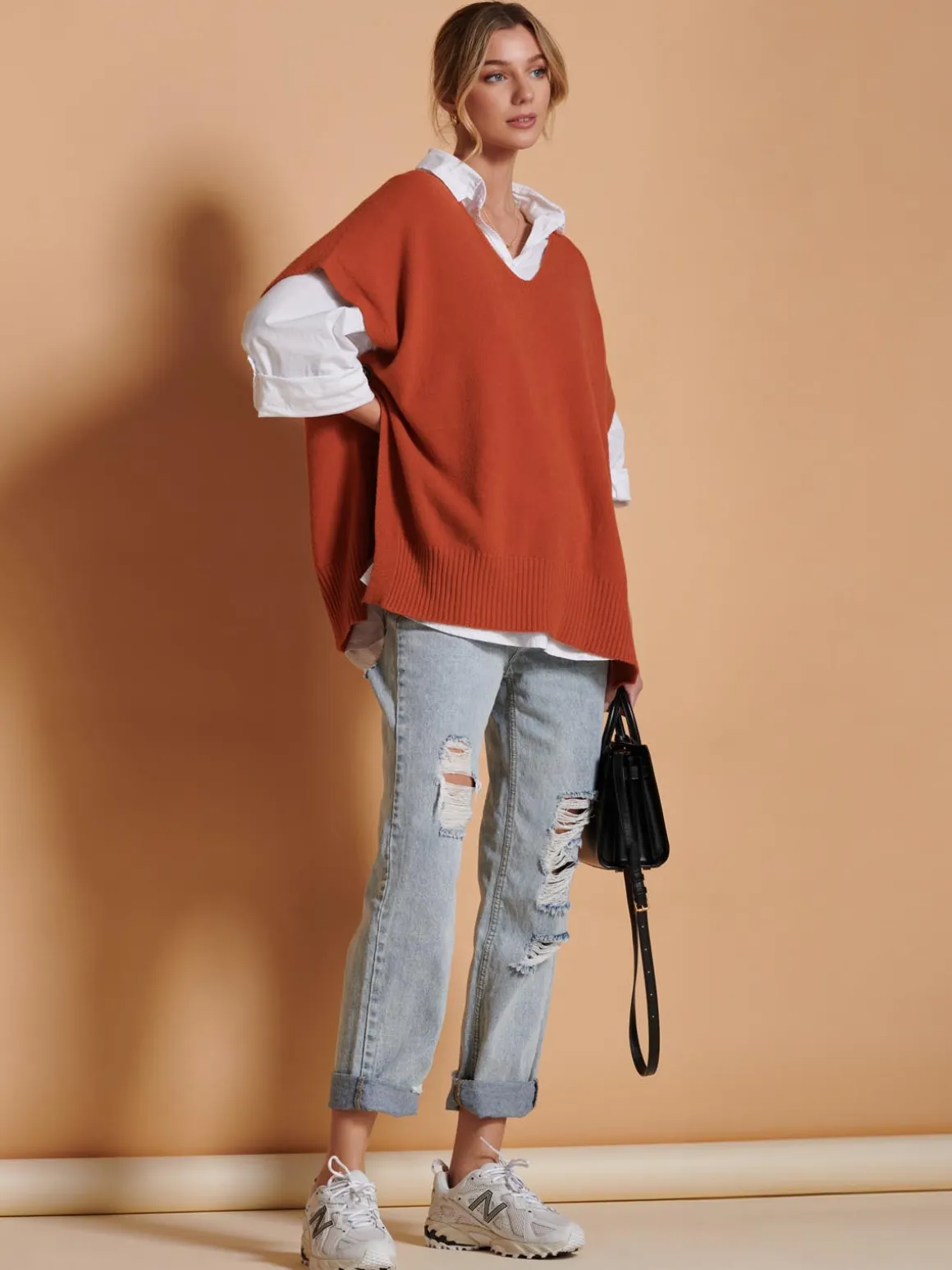 Made in Italy Button Side Knitted Tabard, Burnt Orange
