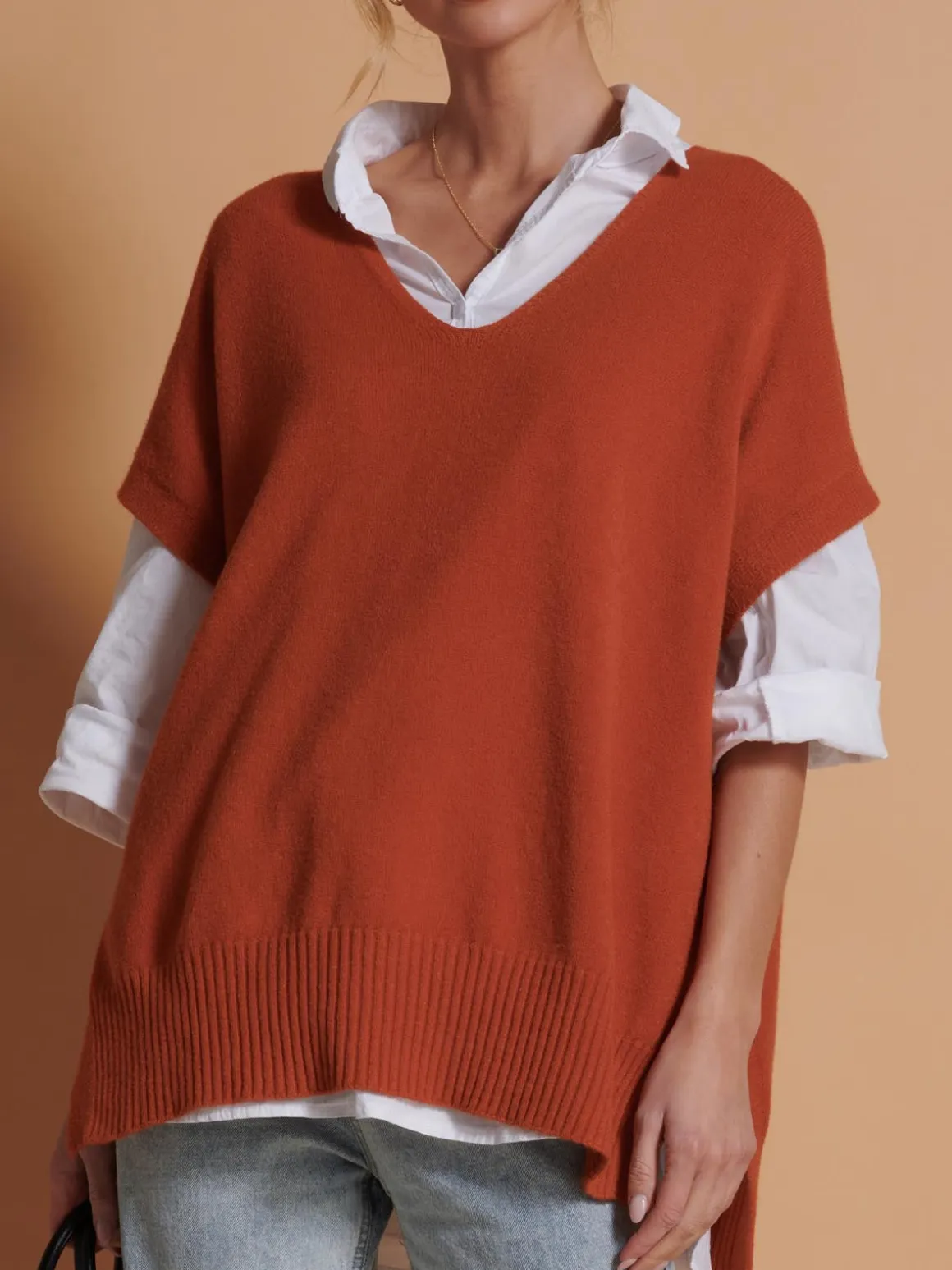 Made in Italy Button Side Knitted Tabard, Burnt Orange