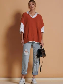 Made in Italy Button Side Knitted Tabard, Burnt Orange