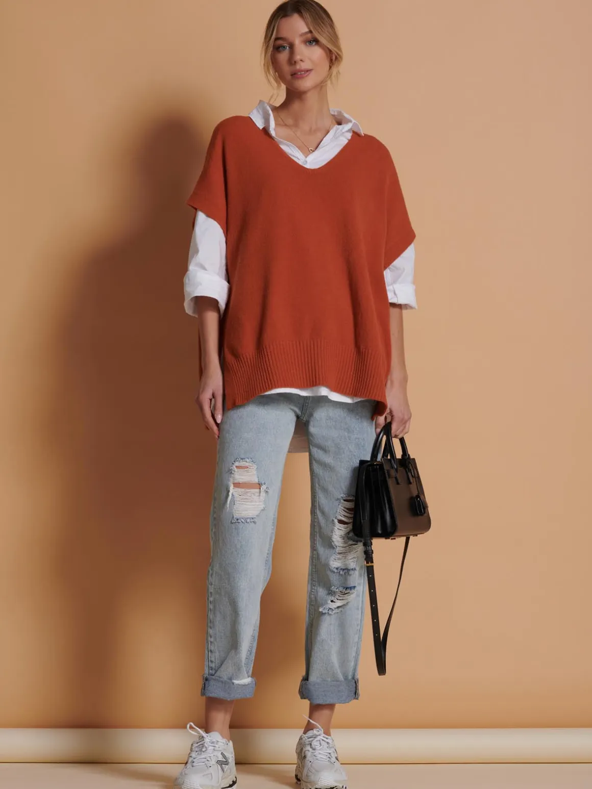Made in Italy Button Side Knitted Tabard, Burnt Orange