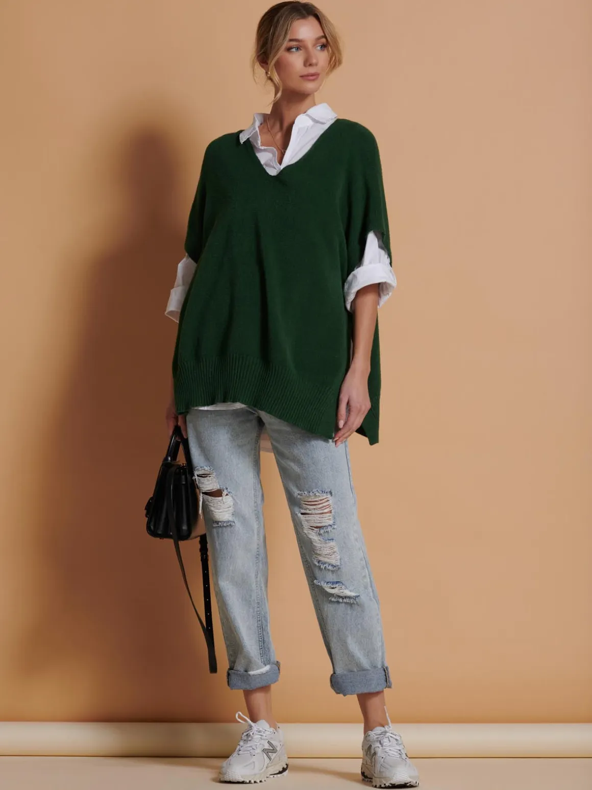 Made in Italy Button Side Knitted Tabard, Forest Green