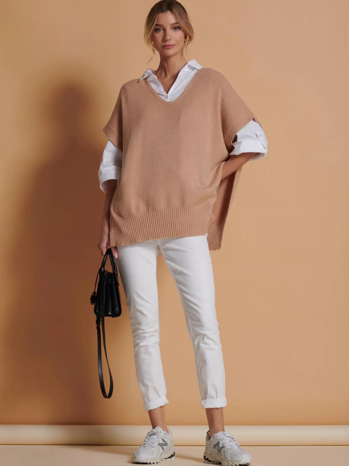 Made in Italy Button Side Knitted Tabard, Stone
