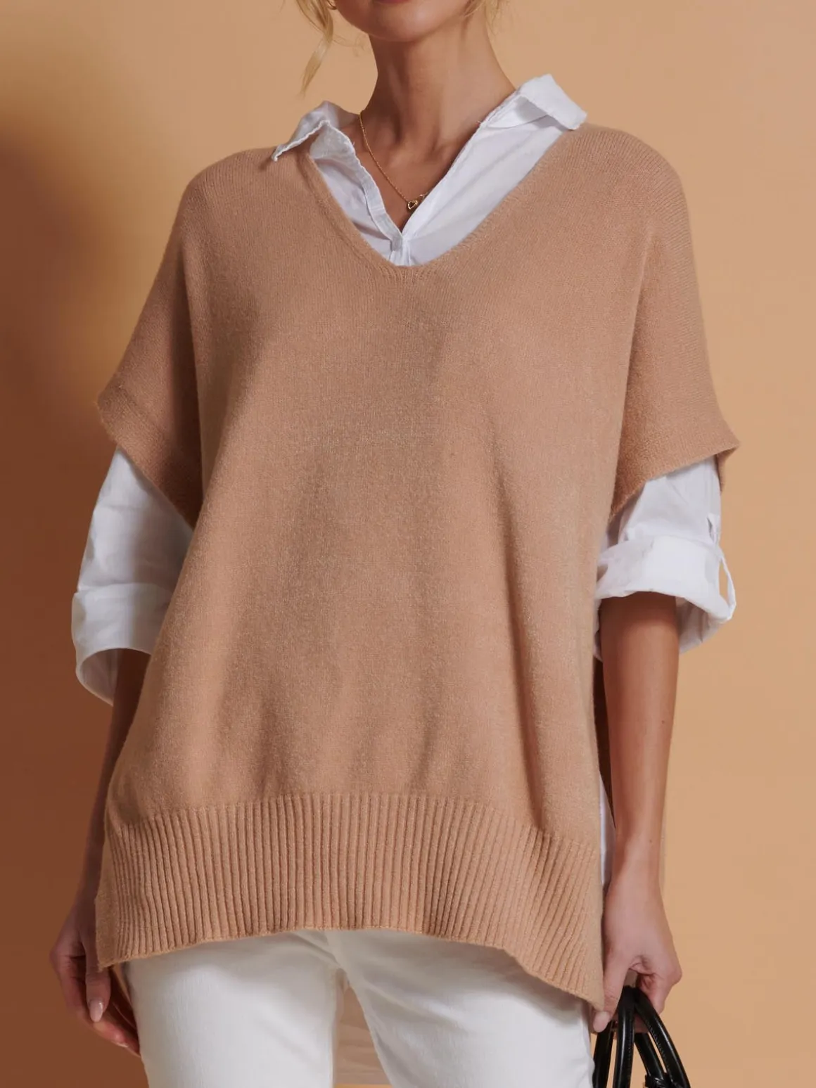 Made in Italy Button Side Knitted Tabard, Stone