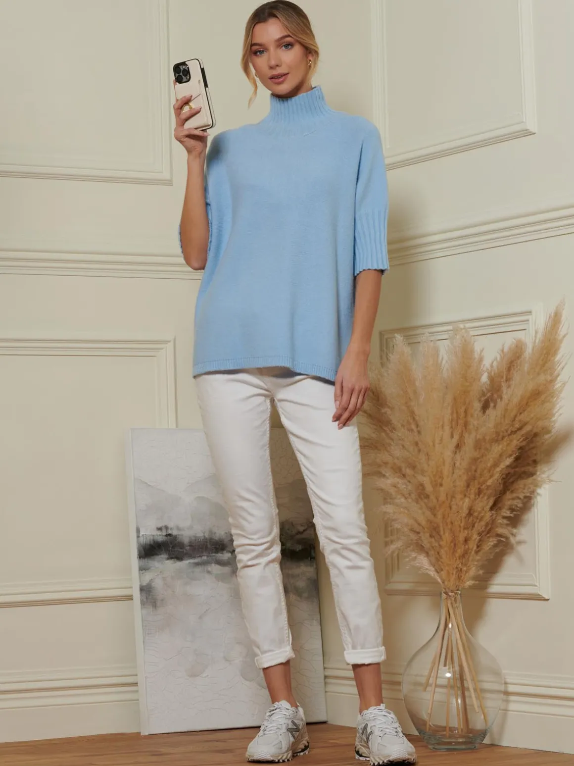 Made in Italy High Neck Half Sleeve Jumper, Baby Blue