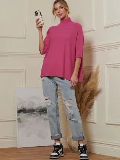 Made in Italy High Neck Half Sleeve Jumper, Hot Pink