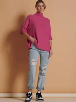 Made in Italy High Neck Half Sleeve Jumper, Hot Pink