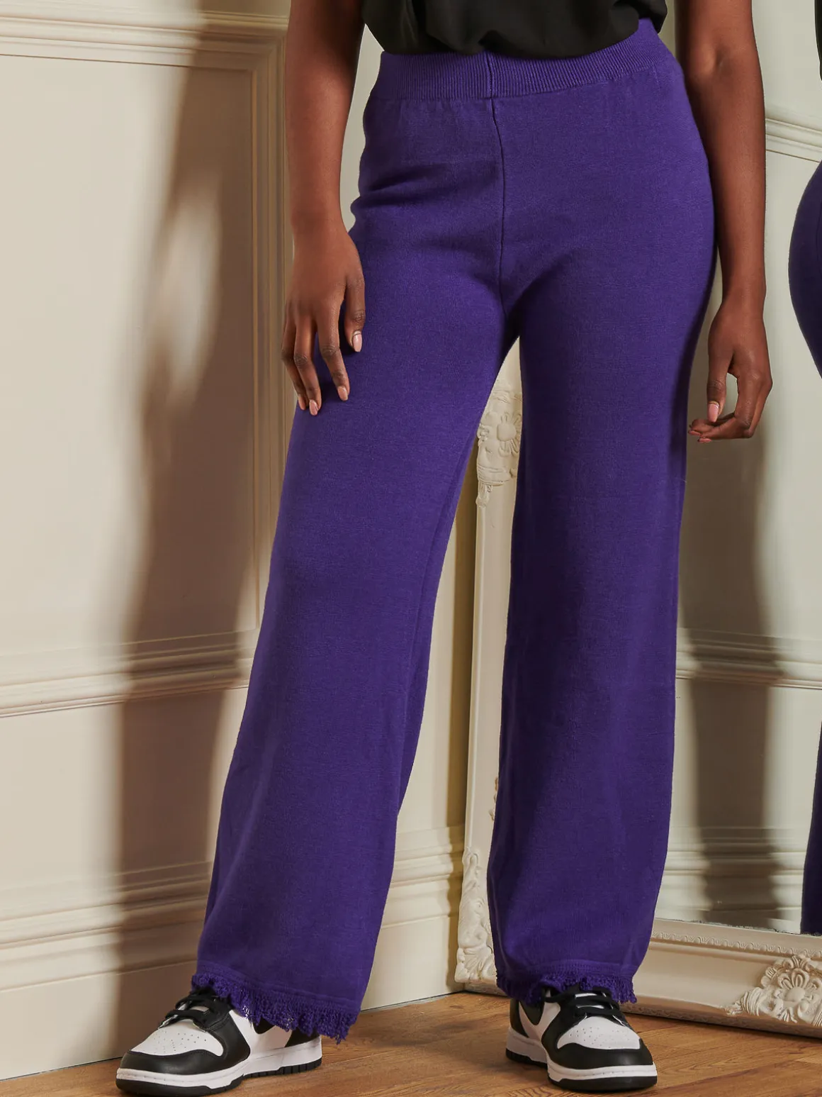 Made in Italy Knitted Fringe Detail Trousers, Purple
