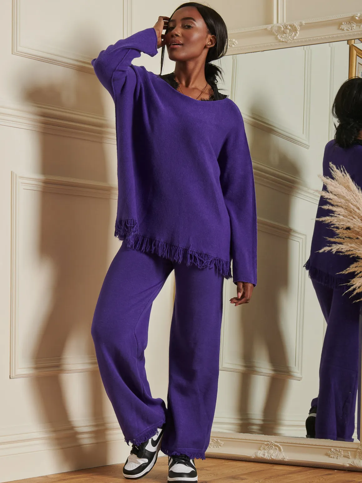 Made in Italy Knitted Fringe Detail Trousers, Purple