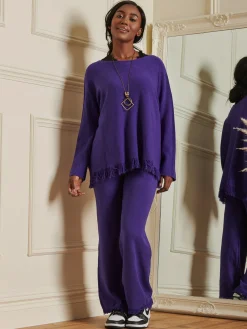 Made in Italy Knitted Fringe Detail Trousers, Purple