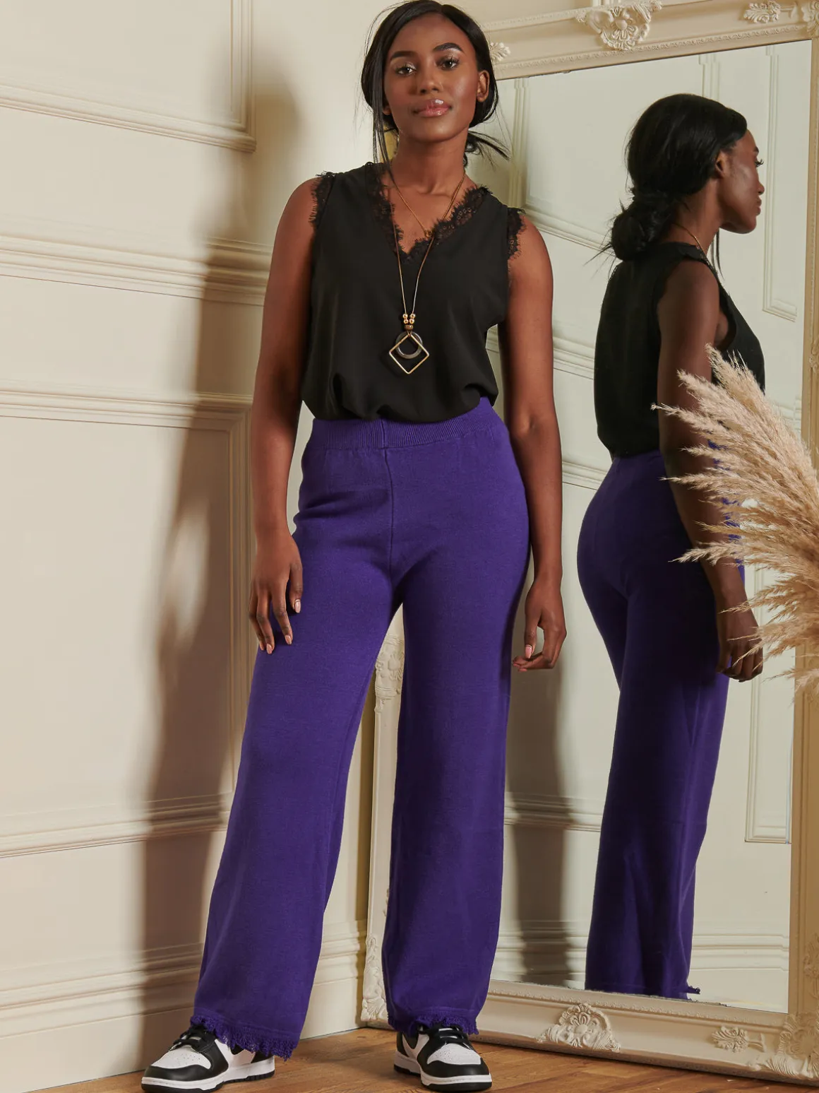 Made in Italy Knitted Fringe Detail Trousers, Purple