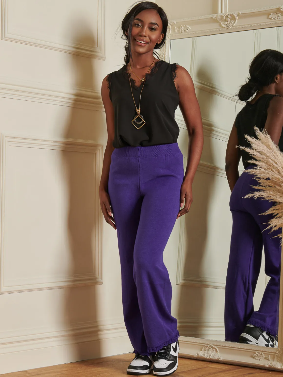 Made in Italy Knitted Fringe Detail Trousers, Purple
