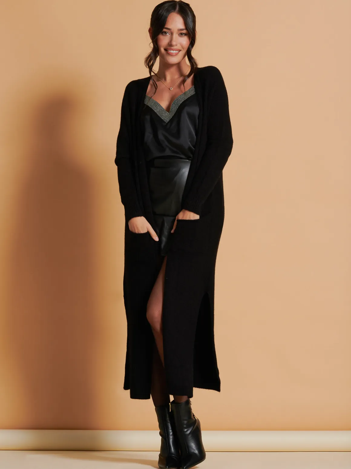 Made in Italy Soft Knit Longline Maxi Cardigan, Black